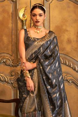 Women'S Black Banarasi Style Satin Silk Woven Designer Saree With Blouse For Women 3