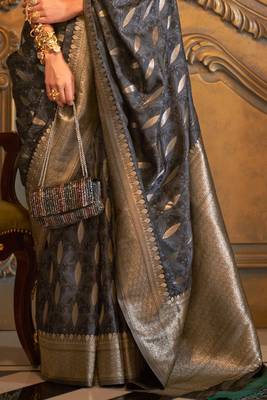 Women'S Black Banarasi Style Satin Silk Woven Designer Saree With Blouse For Women 4