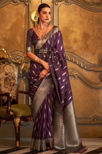 Women'S Purple Banarasi Style Satin Silk Woven Designer Saree With Blouse For Women