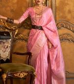 Women'S Pink Banarasi Style Satin Silk Woven Designer Saree With Blouse For Women