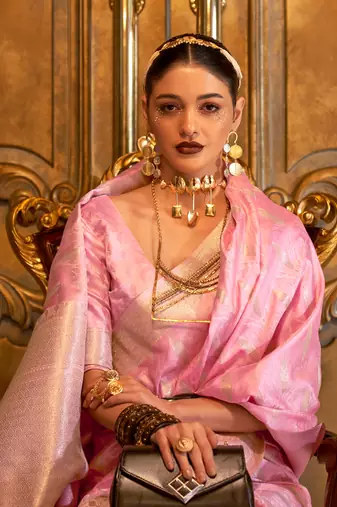 Women'S Pink Banarasi Style Satin Silk Woven Designer Saree With Blouse For Women