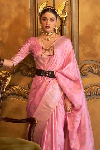 Women'S Pink Banarasi Style Satin Silk Woven Designer Saree With Blouse For Women