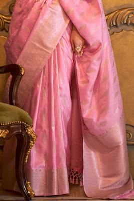 Women'S Pink Banarasi Style Satin Silk Woven Designer Saree With Blouse For Women 4