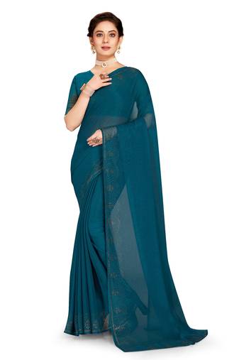 Turquoise Embroidered Shimmer Saree With Blouse