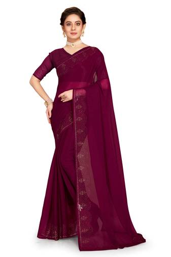 Wine Embroidered Shimmer Saree With Blouse