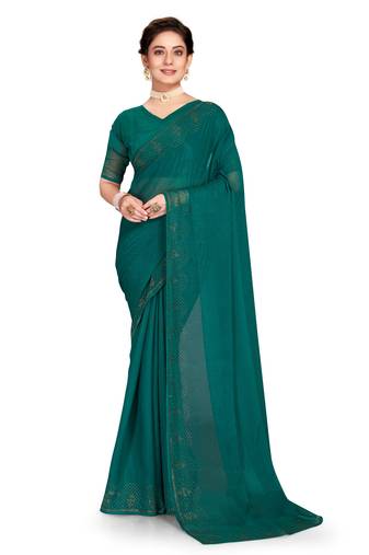 Turquoise Embroidered Shimmer Saree With Blouse