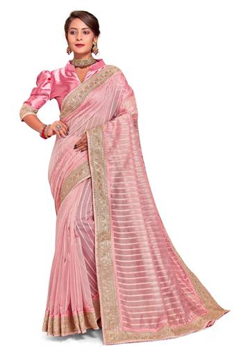 Pink Embroidered Tissue Saree With Blouse