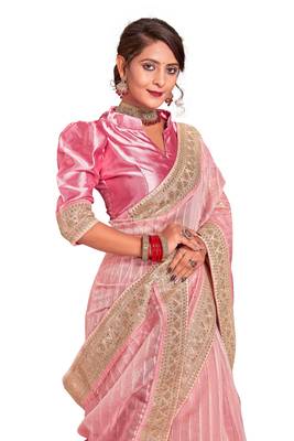 Pink Embroidered Tissue Saree With Blouse 2