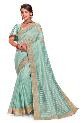 Turquoise Embroidered Tissue Saree With Blouse