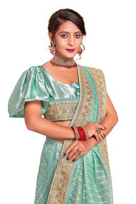 Turquoise Embroidered Tissue Saree With Blouse 2