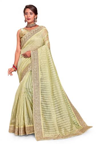 Light Green Embroidered Tissue Saree With Blouse
