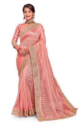 Peach Embroidered Tissue Saree With Blouse 1