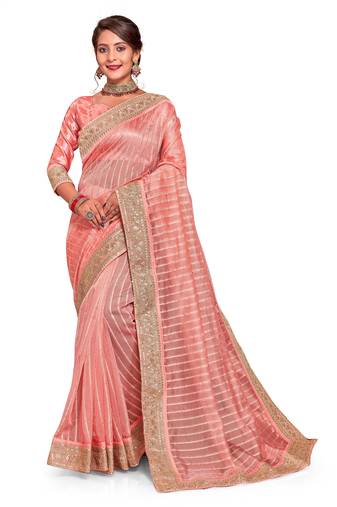 Peach Embroidered Tissue Saree With Blouse