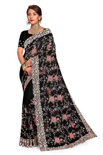Black Embroidered Georgette Saree With Blouse