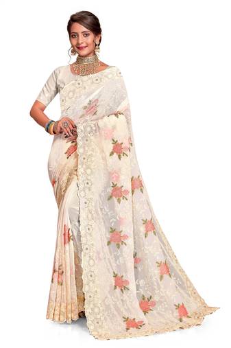 Beige Embroidered Georgette Saree With Blouse