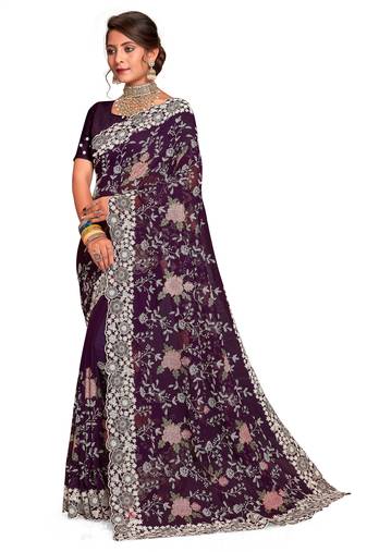 Purple Embroidered Georgette Saree With Blouse