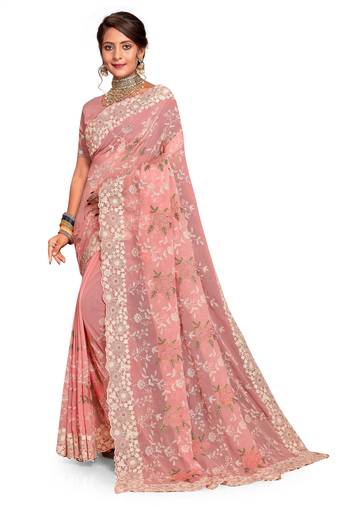 Peach Embroidered Georgette Saree With Blouse