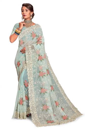 Light Green Embroidered Georgette Saree With Blouse