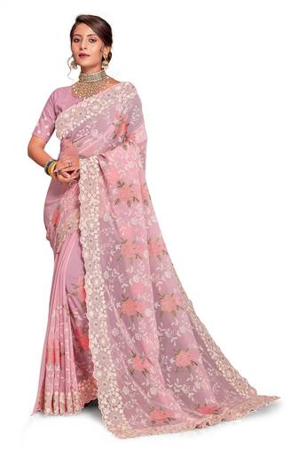 Pink Embroidered Georgette Saree With Blouse