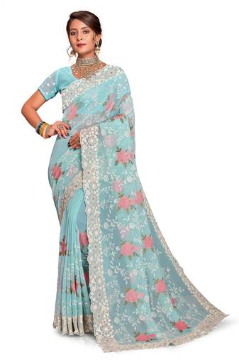 Sea Green Embroidered Georgette Saree With Blouse