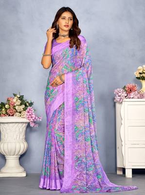 Light purple digital floral printed chiffon saree attached sartin weaved border with blouse 1