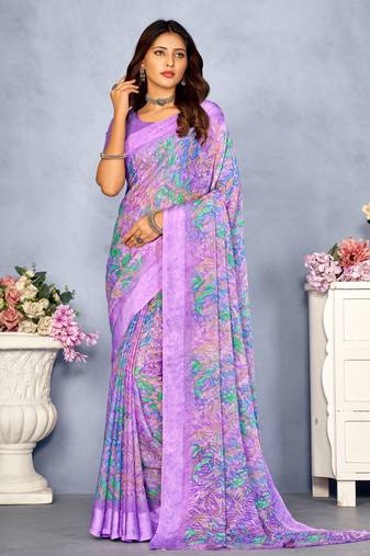 Light purple digital floral printed chiffon saree attached sartin weaved border with blouse
