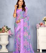 Light purple digital floral printed chiffon saree attached sartin weaved border with blouse