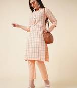 Anushil cotton checkered mandarin collar 3/4th sleeves straight kurta with pant set  