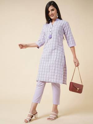 Anushil cotton checkered mandarin collar 3/4th sleeves straight kurta with pant set   1