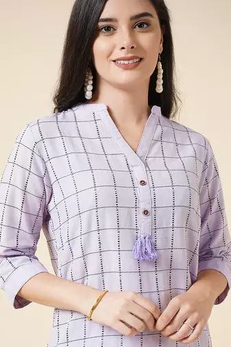 Anushil cotton checkered mandarin collar 3/4th sleeves straight kurta with pant set  