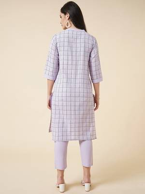 Anushil cotton checkered mandarin collar 3/4th sleeves straight kurta with pant set   3