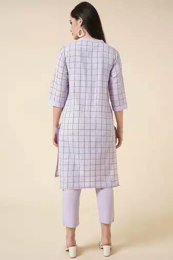Anushil cotton checkered mandarin collar 3/4th sleeves straight kurta with pant set  