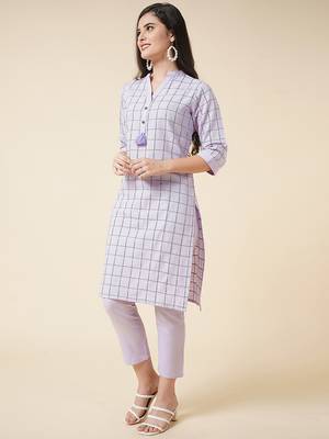 Anushil cotton checkered mandarin collar 3/4th sleeves straight kurta with pant set   4