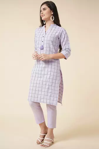 Anushil cotton checkered mandarin collar 3/4th sleeves straight kurta with pant set  