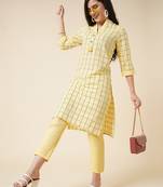 Anushil cotton checkered mandarin collar 3/4th sleeves straight kurta with pant set  