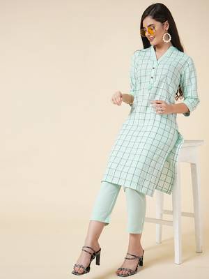 Anushil cotton checkered mandarin collar 3/4th sleeves straight kurta with pant set   1