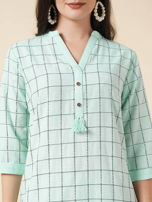 Anushil cotton checkered mandarin collar 3/4th sleeves straight kurta with pant set   2
