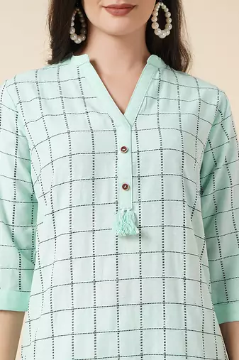 Anushil cotton checkered mandarin collar 3/4th sleeves straight kurta with pant set  
