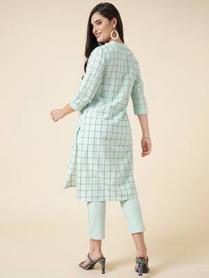 Anushil cotton checkered mandarin collar 3/4th sleeves straight kurta with pant set   3