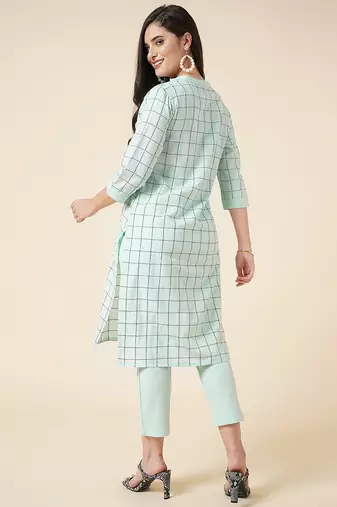 Anushil cotton checkered mandarin collar 3/4th sleeves straight kurta with pant set  