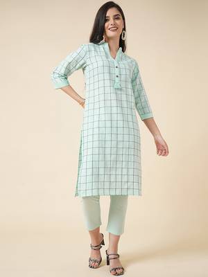 Anushil cotton checkered mandarin collar 3/4th sleeves straight kurta with pant set   4