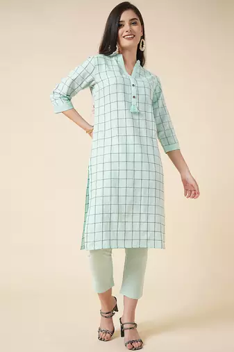 Anushil cotton checkered mandarin collar 3/4th sleeves straight kurta with pant set  
