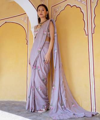 Mocha brown floral & polka dot  saree set 1