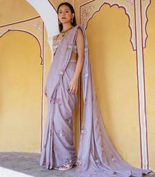 Mocha brown floral & polka dot  saree set