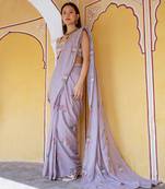 Mocha brown floral & polka dot  saree set