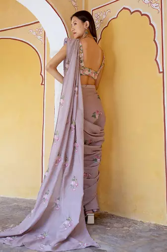 Mocha brown floral & polka dot  saree set