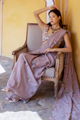 Mocha brown floral & polka dot  saree set