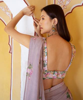 Mocha brown floral & polka dot  saree set 5