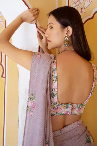 Mocha brown floral & polka dot  saree set