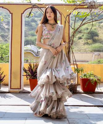 Moss green ruffle saree & blouse set 1